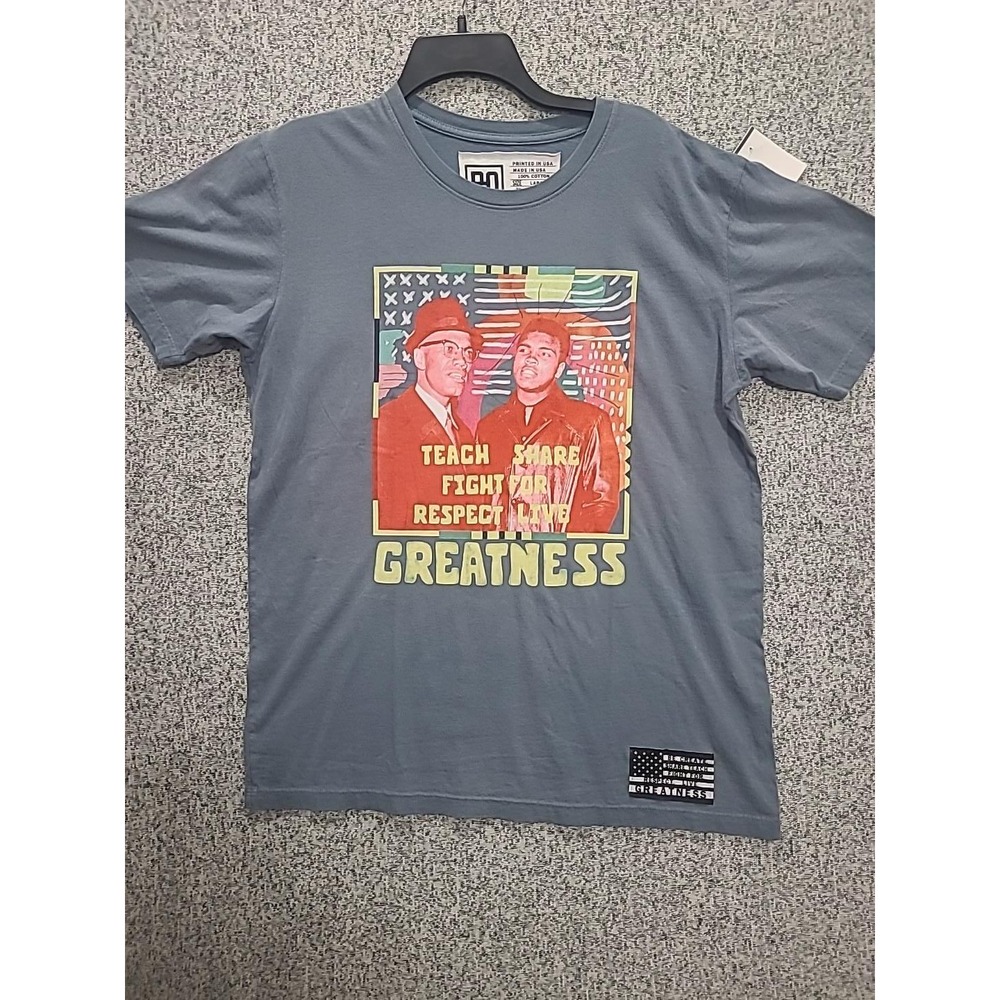 RO Malcolm X Muhammad Ali Greatness Graphic T-Shirt Mens Large Blue Cotton